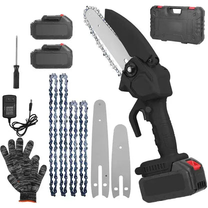 Black cordless mini electric chainsaw kit: chain, guide bars, charger, gloves, case