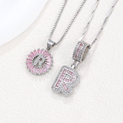 Rock Sugar 26-letter Pendant Necklace For Women, Copper Inlaid Zircon Round Flower Jewelry Set