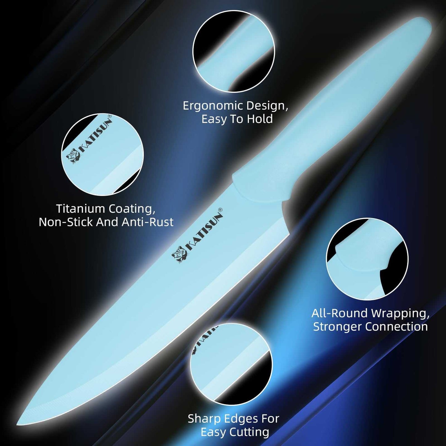 Light blue kitchen knife with titanium coating and ergonomic grip, close-up