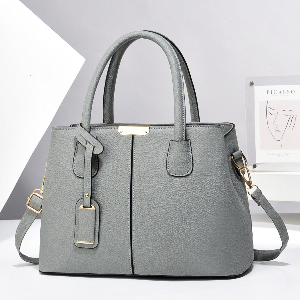 PU leather tote bag with top handles and adjustable shoulder strap, gray finish