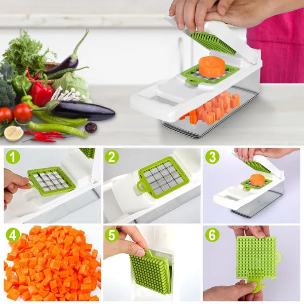 Vegetable chopper in use: white base with green blade attachment and orange cubes