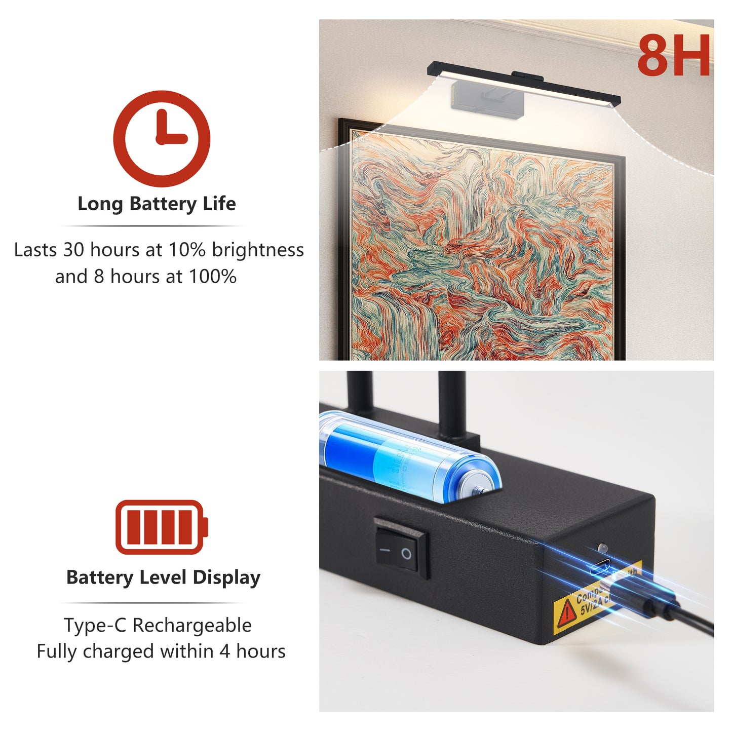 Rechargeable LED Picture Light with Remote - 16" Black Art Light