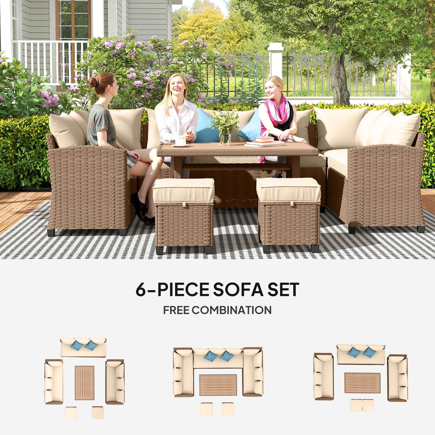 6-Piece PE Wicker Patio Conversation Set with WPC Dining Table