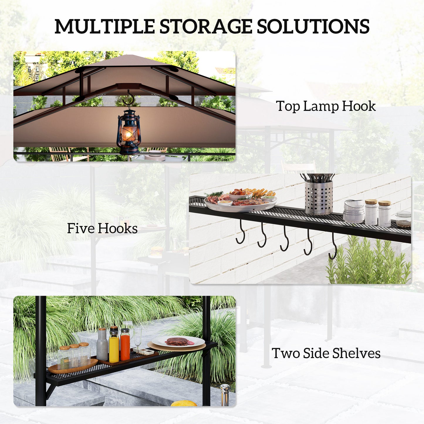 Brown grill gazebo shelter with top lamp hook, five hooks, and two side shelves