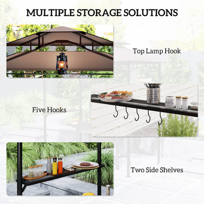 Brown grill gazebo shelter with top lamp hook, five hooks, and two side shelves