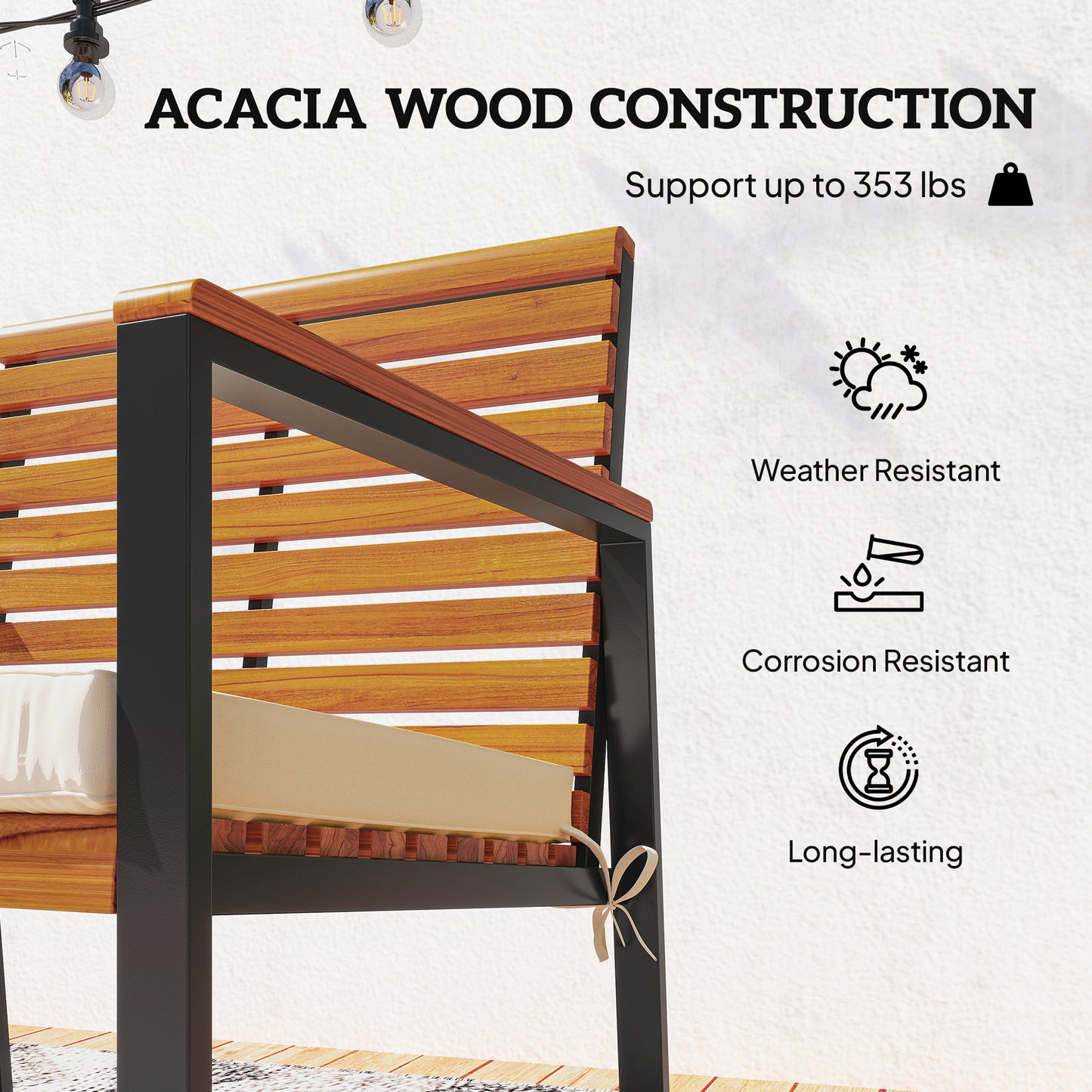 Acacia wood outdoor rocking chair with dark frame and slatted back, cream cushion