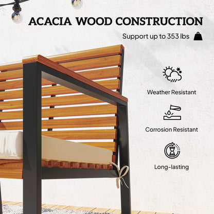 Acacia wood outdoor rocking chair with dark frame and slatted back, cream cushion