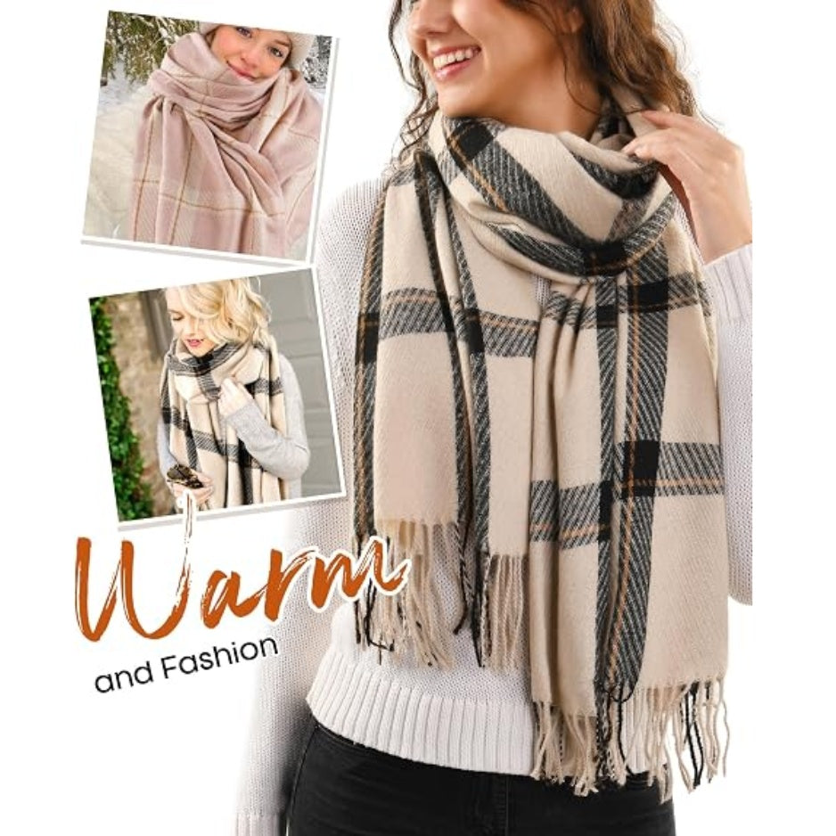 Beige plaid wrap scarf with tassels, styled around the neck over a sweater