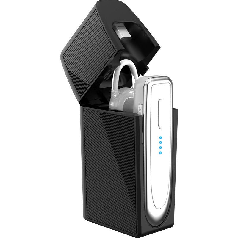 Wireless Bluetooth headset with charging base, black and silver cradle with earpiece