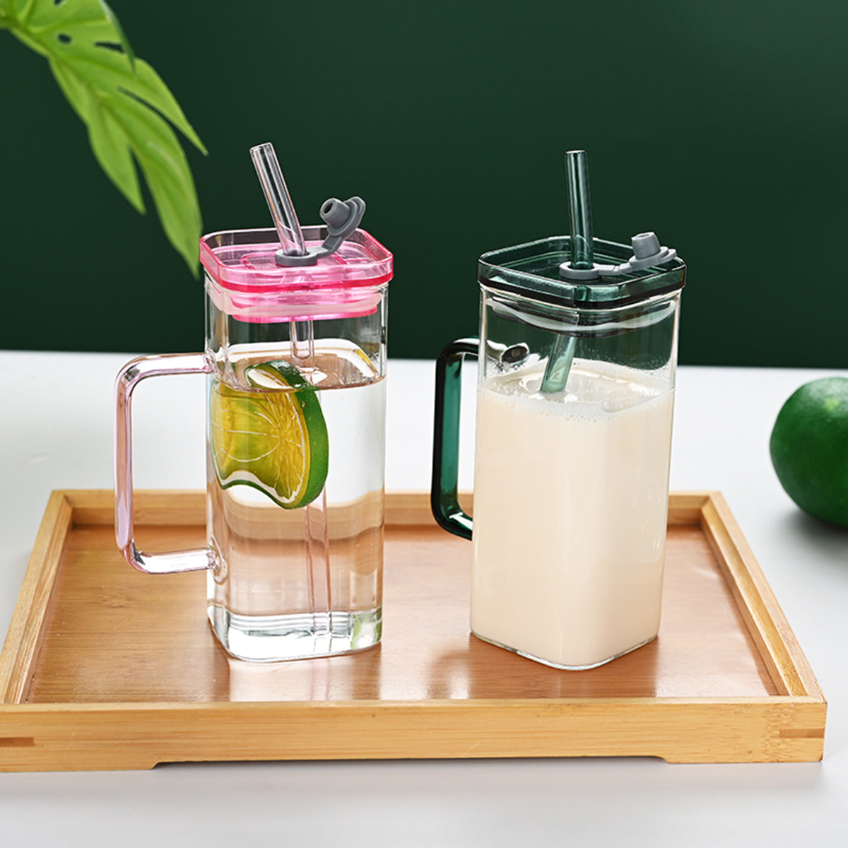 Blue Square Glass Cup with Straw & Lid | High Borosilicate Drinking Glass