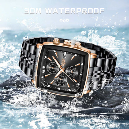 Square dial wristwatch with black face, rose-gold bezel, and black metal bracelet
