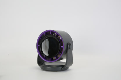 Rechargeable desk fan with purple LED ring, black housing and side profile