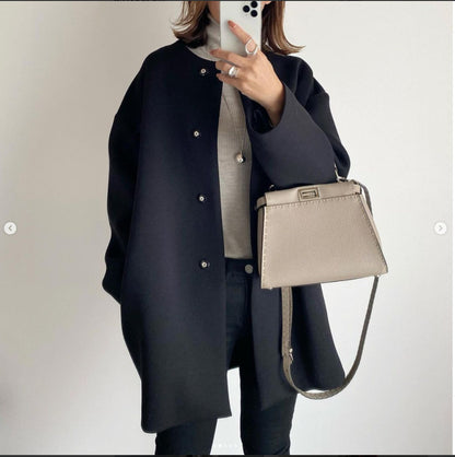 Women's Fitted Round Neck Woolen Coat | Straight Cardigan Style Straight Cardigan Fitted Round Neck Wool | Ectron Online