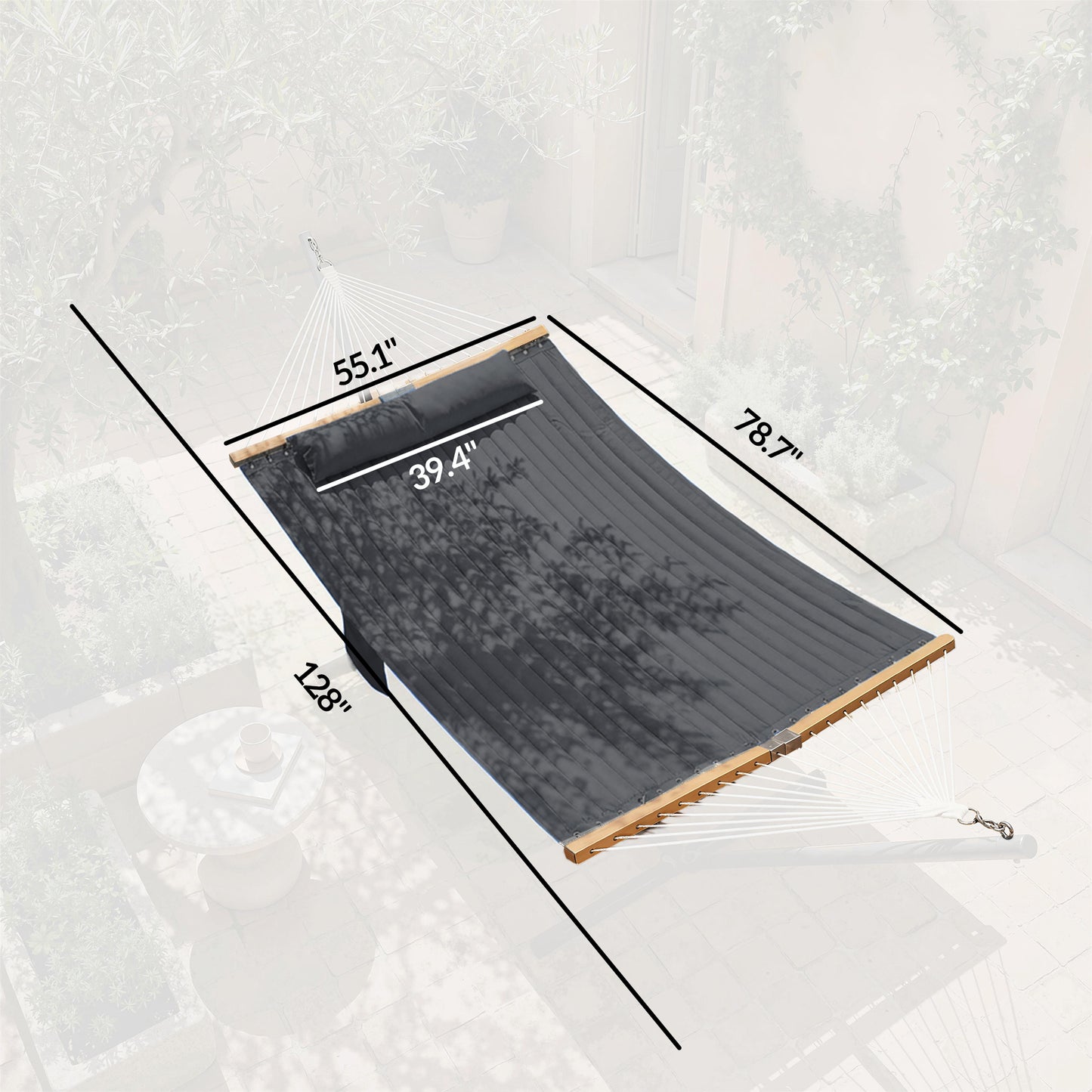 Gray outdoor hammock with wood spreader bars and end rope loops, flat layout