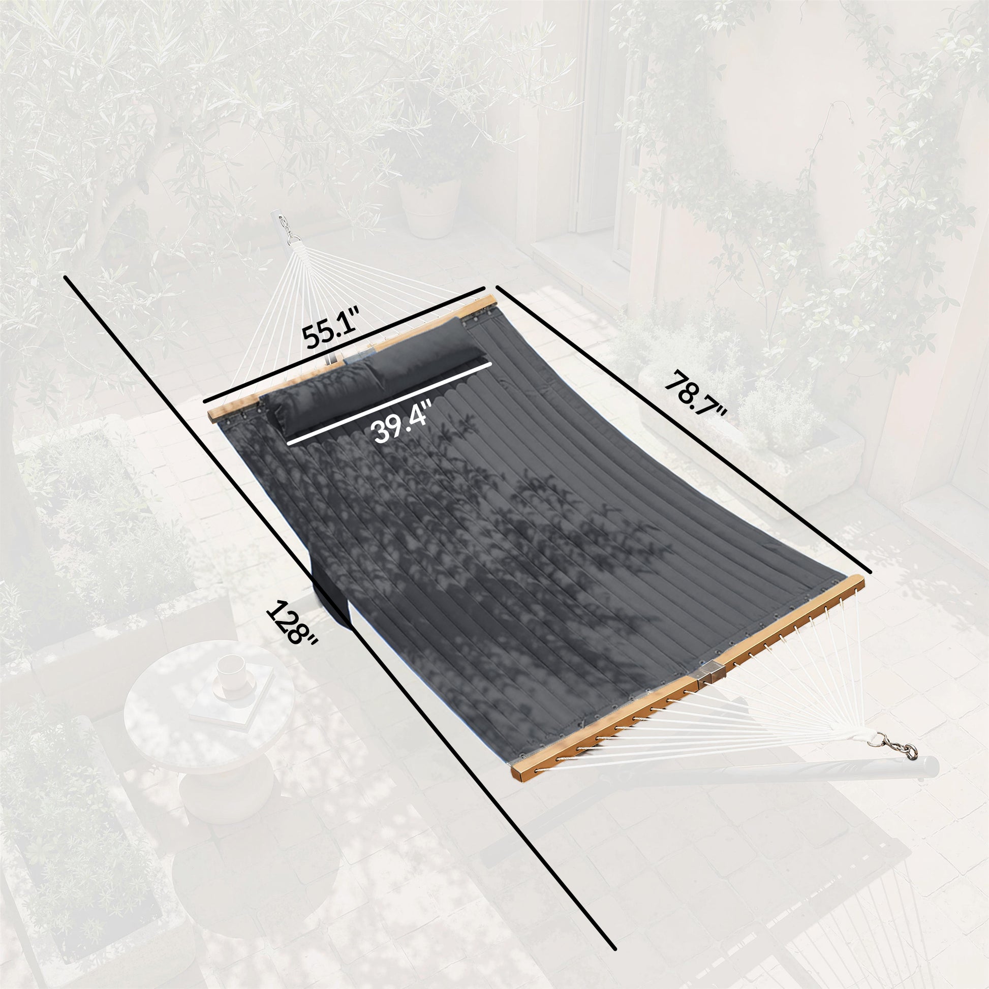 Gray outdoor hammock with wood spreader bars and end rope loops, flat layout