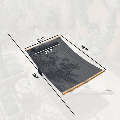 Gray outdoor hammock with wood spreader bars and end rope loops, flat layout