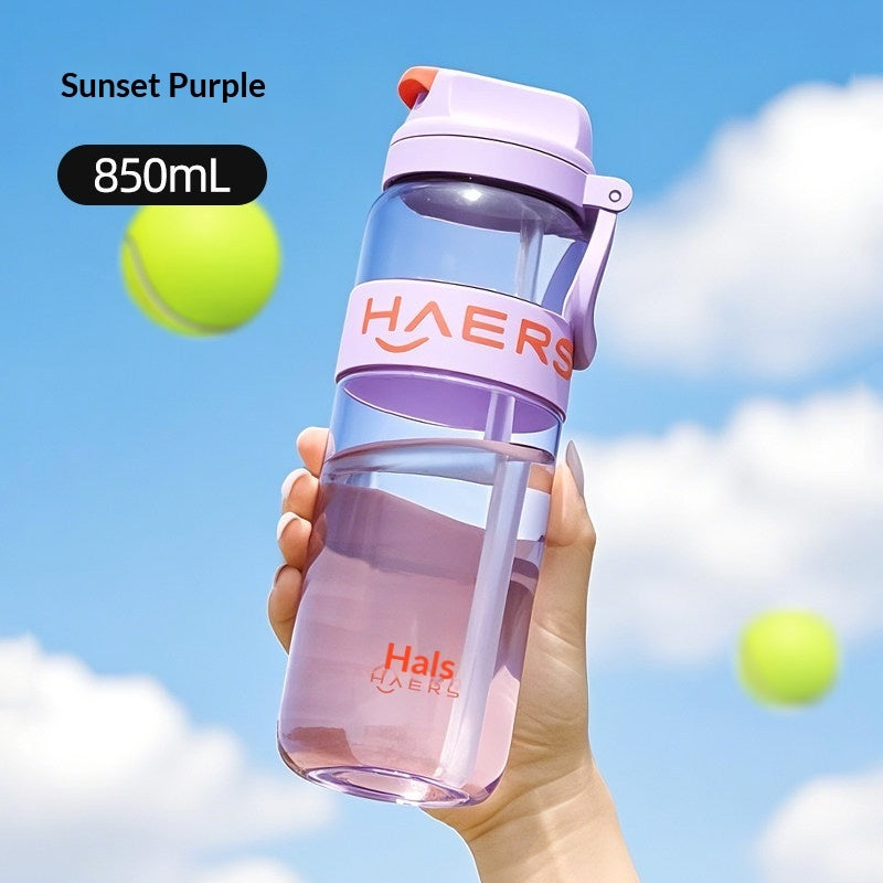 Sunset purple leak-proof water bottle with straw lid, 850ml capacity