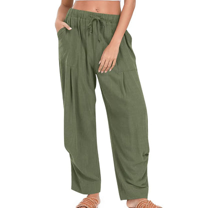 Women’s cotton-linen loose lounge pants, olive green, elastic waistband with drawstring