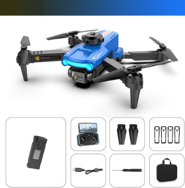 Blue-accent drone with glowing light bar, accessory icons for battery and remote