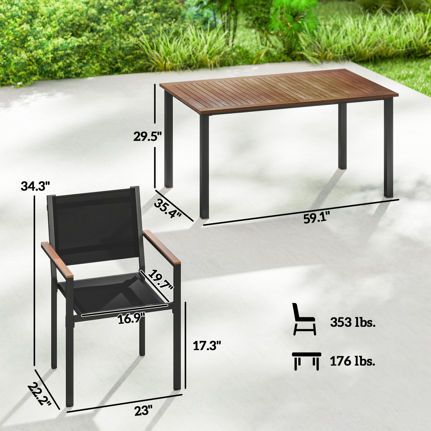 4-Person Outdoor Dining Set | 59" Acacia Wood Table & Stackable Chairs