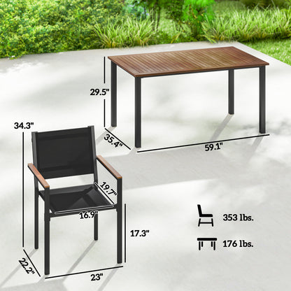 Acacia wood dining table with dark metal legs and matching stackable chair