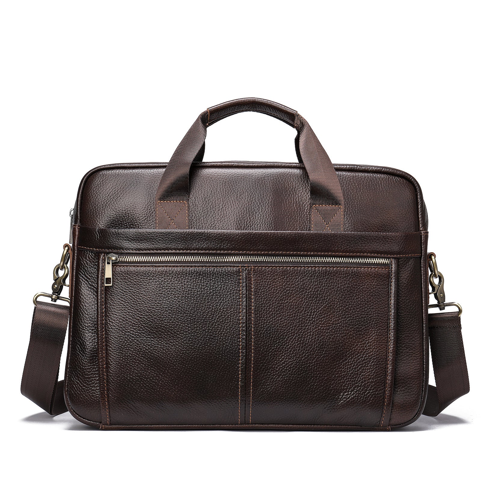 Leather laptop briefcase in dark brown with top handles and front zipper opening