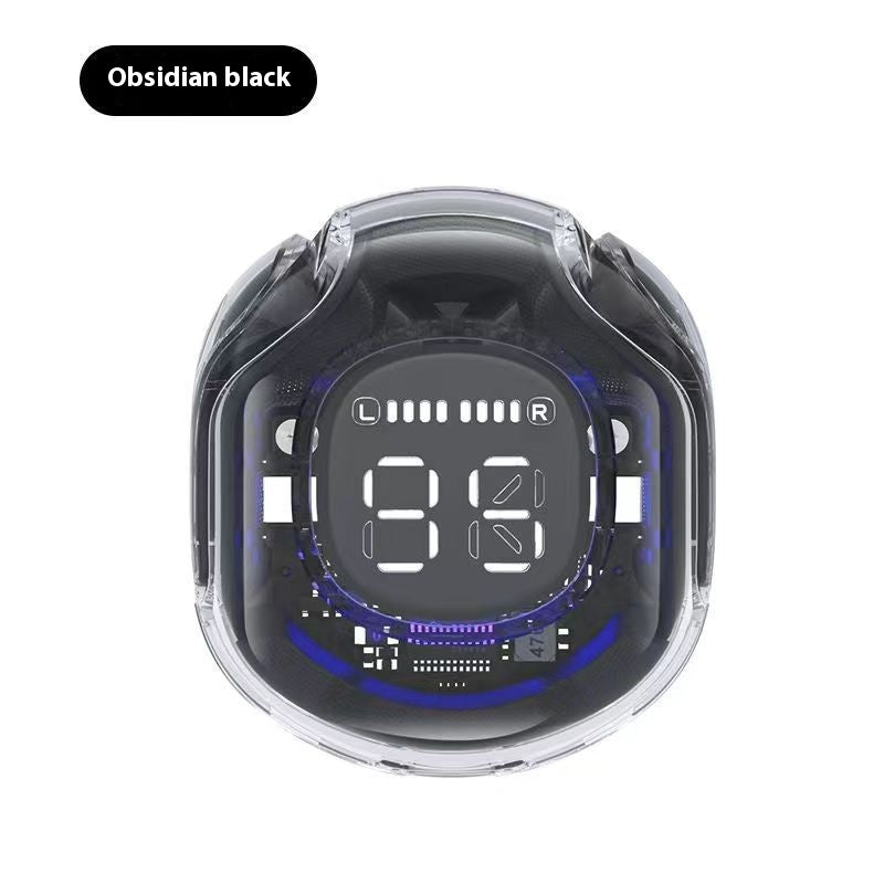 Obsidian black transparent Bluetooth headset front view with oval digital display window