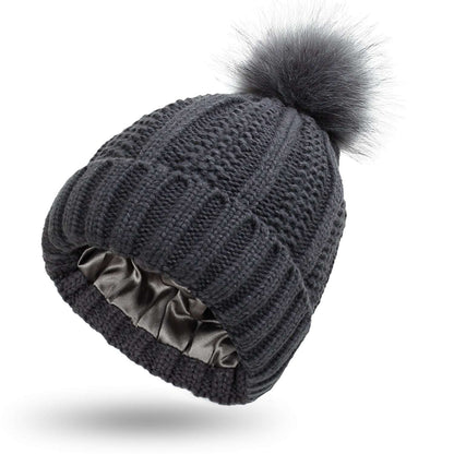 Winter Knitted Hats Fashion Stretchy Lined Skull Hats For Women Faux Fur Pom Pom Hat Keep Warming Beanie Hat