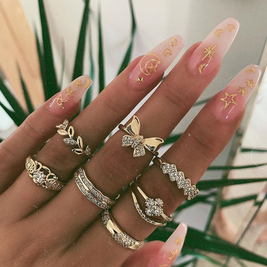 European And American Geometric Diamond Butterfly Flower XINGX Multiple Pieces Set Ring