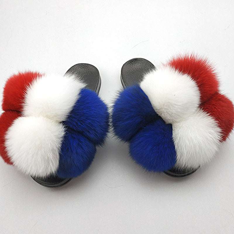 Fox Fur Ball Slippers For Outer Wear