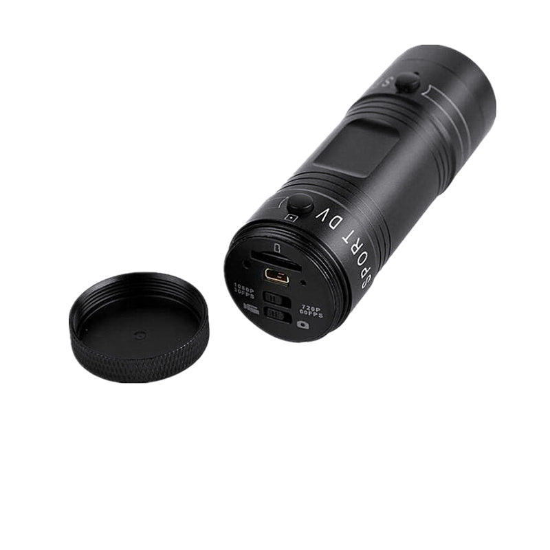 Black camera lens with control buttons on a white background