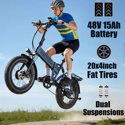 Electric commuter e-bike with fat tires and front suspension, side view with rider