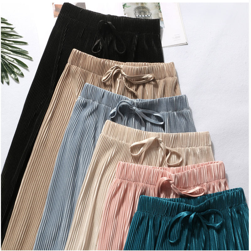 Pleated wide-leg pants trousers high waist vertical spring and summer new loose casual pants chiffon trousers ice silk nine points pants