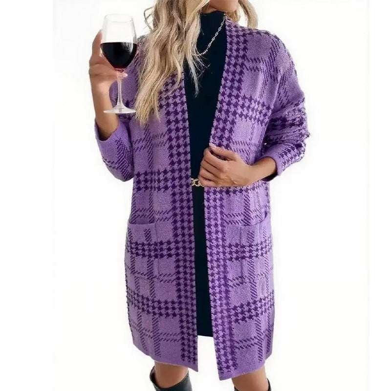 Women's Houndstooth Knitted Long Jacket - Elegant Coat Women's Houndstooth Knitted Long Knitted | Ectron Online