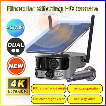 Binocular stitching HD camera with features highlighted on a colorful background