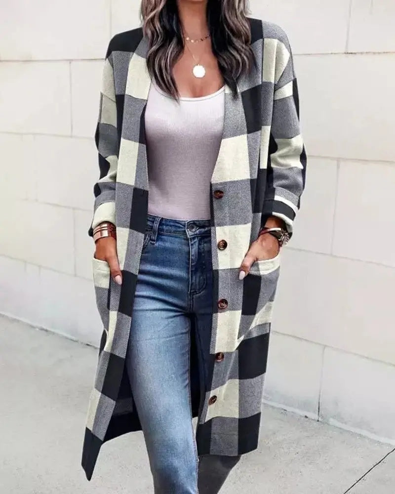 New Women's Loose Plaid Button Pocket Woolen Coat Cardigan