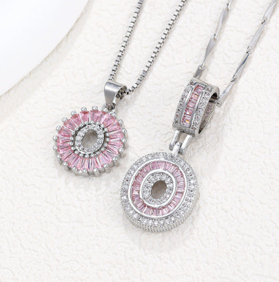 Silver pendant necklace set with pink crystal flower ring charm and letter pendant, paired chains