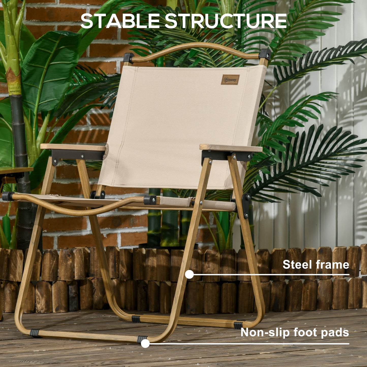 Khaki folding camping chair with steel frame and non-slip foot pads