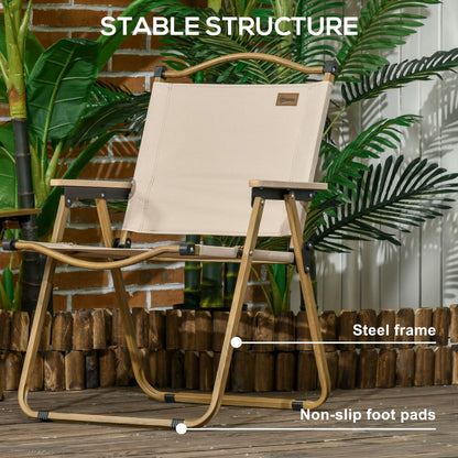 Khaki folding camping chair with steel frame and non-slip foot pads