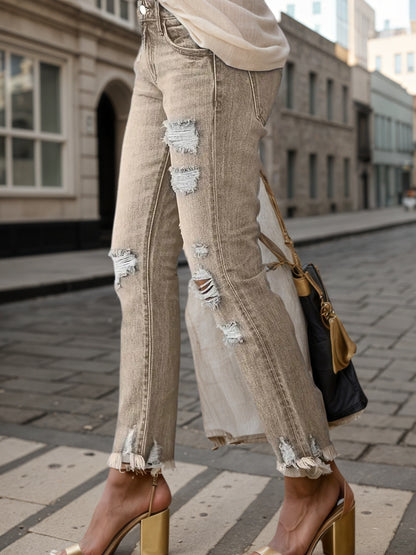 Plus-size slim-straight jeans, light brown, with large side knee rips and frayed cuffs