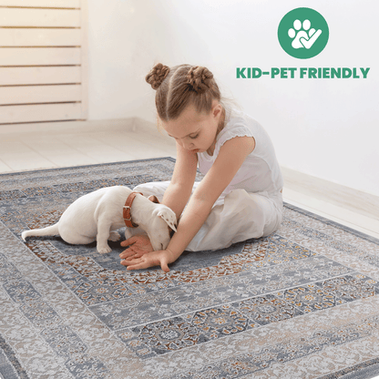 Blue and ivory medallion runner rug with ornate medallion, kid and pet on it