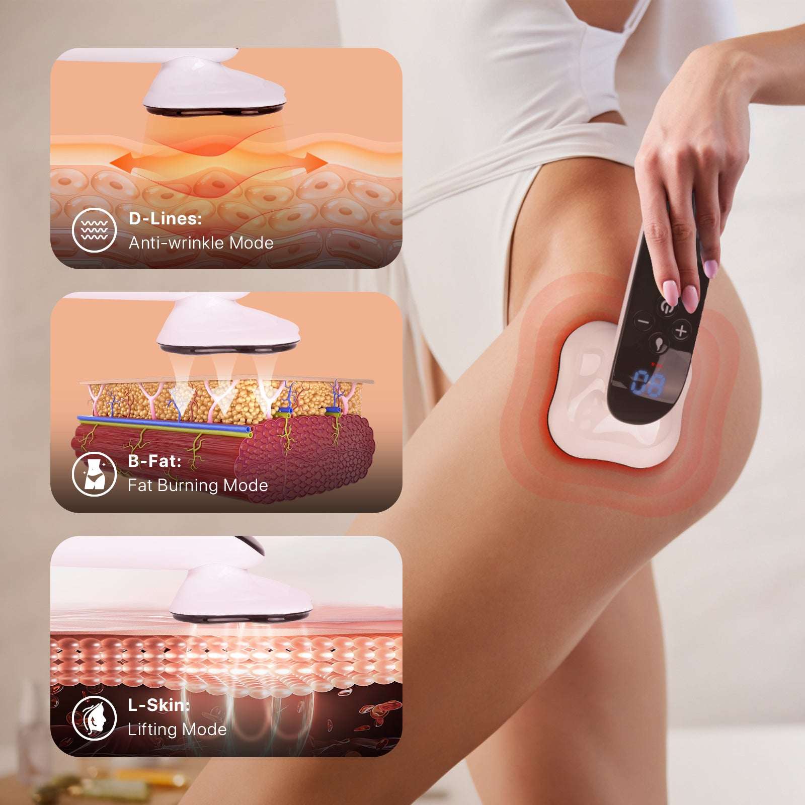 Handheld massager applied to a leg with blue-lit control screen