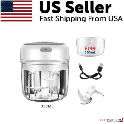 Mini electric garlic press and food chopper, clear bowl with white top and accessories