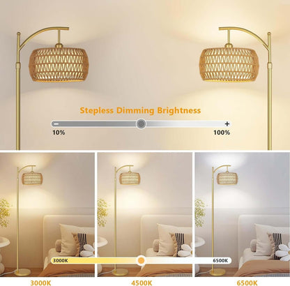 Gold floor lamp with woven shade with stepless dimming brightness scale
