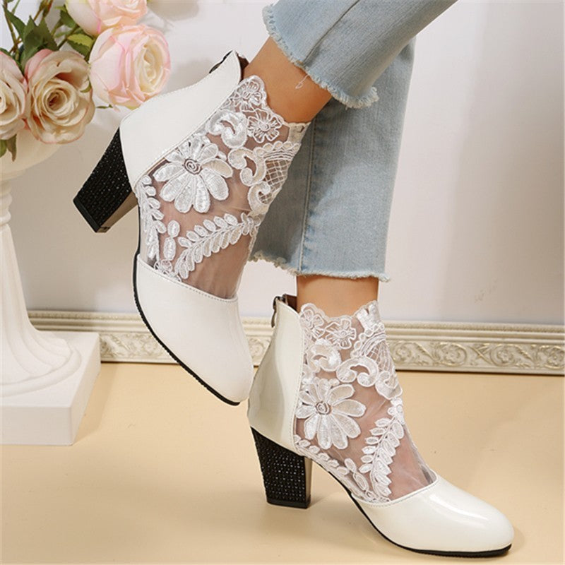 Women’s Lace Mesh Chunky Heel Sandals – Elegant & Stylish Women's Lace Mesh Chunky Heel Sandals | Ectron Online