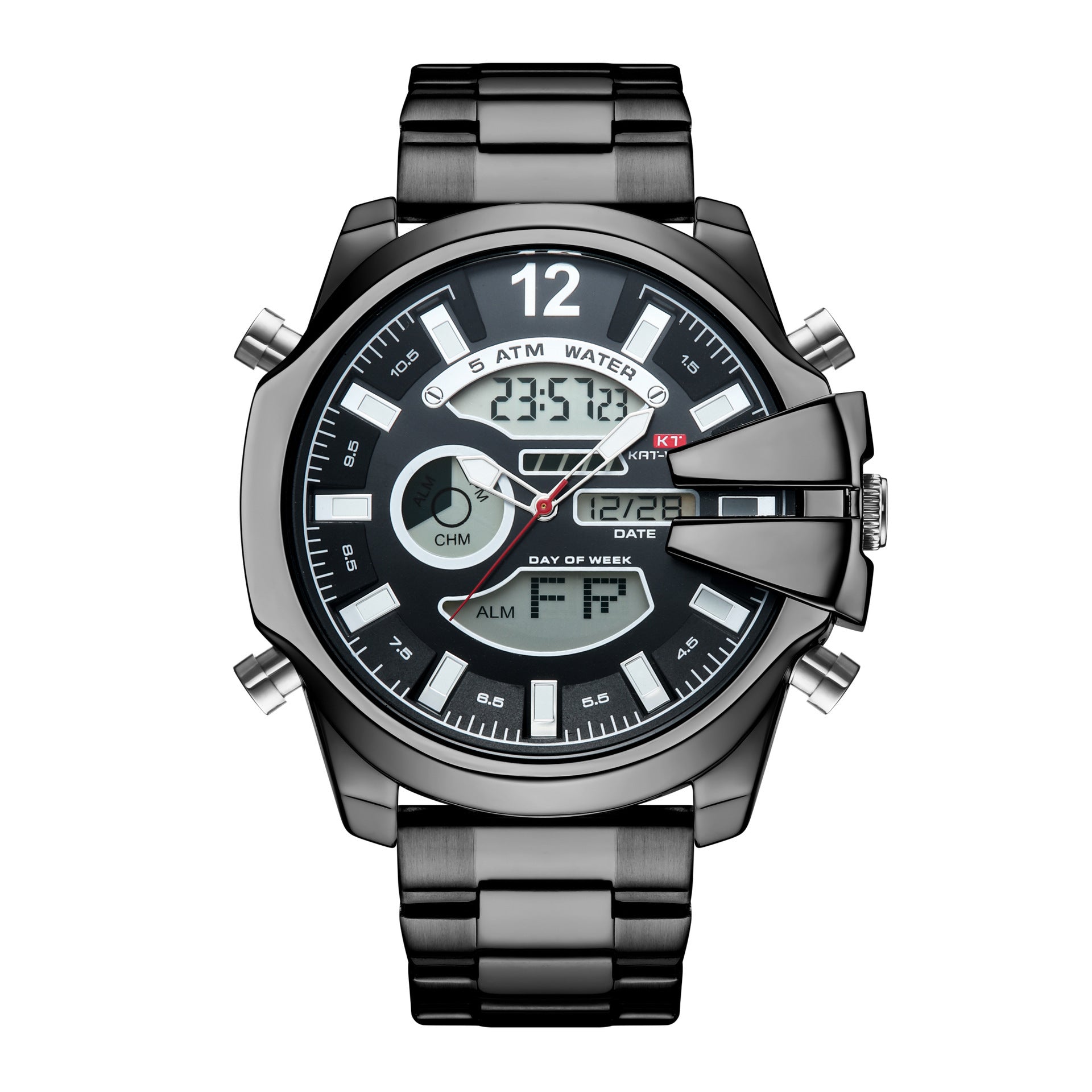 Black double-display sports watch with metal bracelet and dark digital dial
