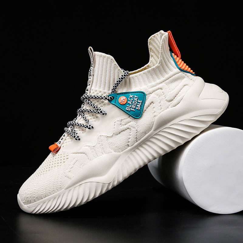 White knit sneakers with colorful side pull tabs and stitched logo patch