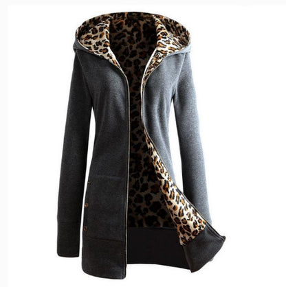 Hooded Thickening Leopard Print Sweater Plush Coat Female