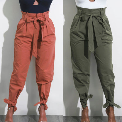 CALOFE Summer Autumn Loose Bow Ruffle Women Pants Summer Casual Belt High Waist Solid Trousers Steetwear Female Pants