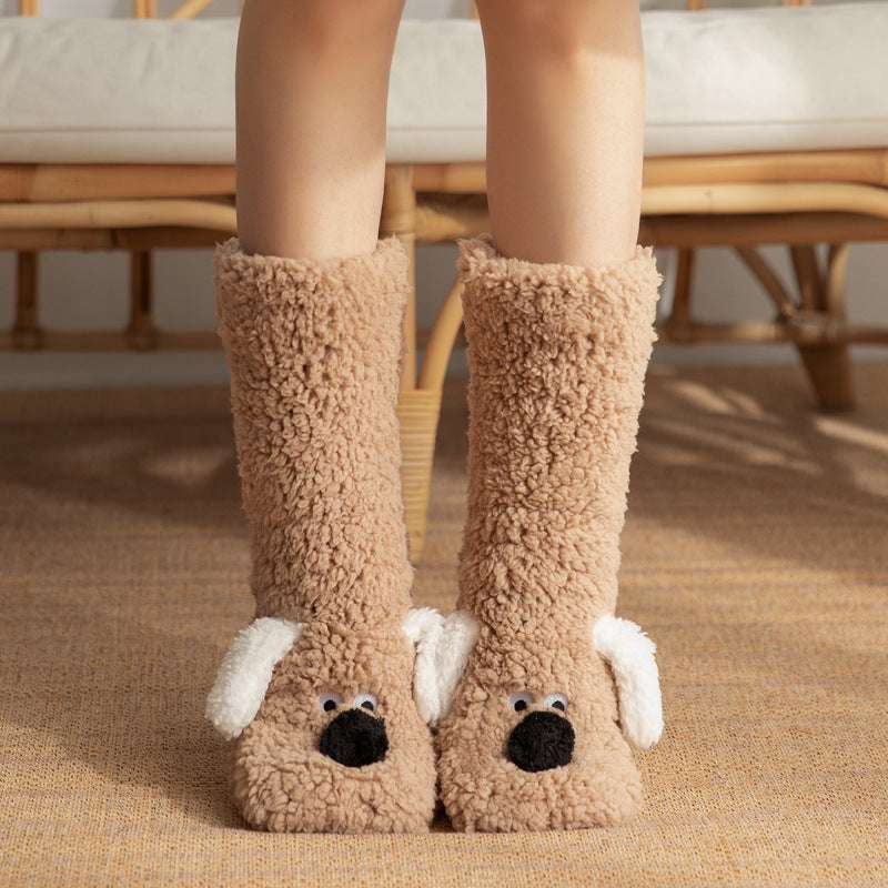 Brown plush floor socks with dog face details and white paw accents, winter warm style